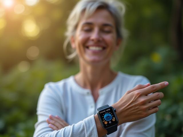 Person meditating with a smart wearable, displaying app interface with positive biometrics like improved HRV