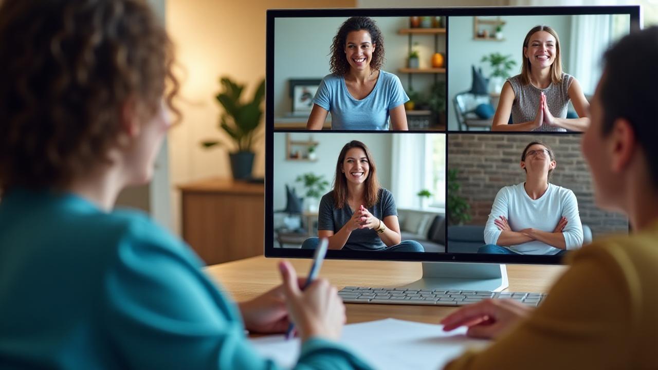 Diverse group of adults actively participating in an online wellness workshop, with an expert instructor on screen.